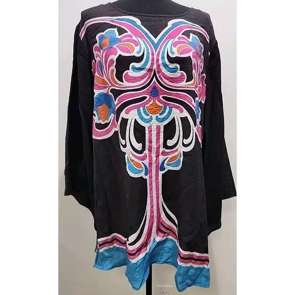 Sharon Young XL Womens Oversized Floral Shirt Tunic Zip Back A-Sym Sleeve - Picture 1 of 7